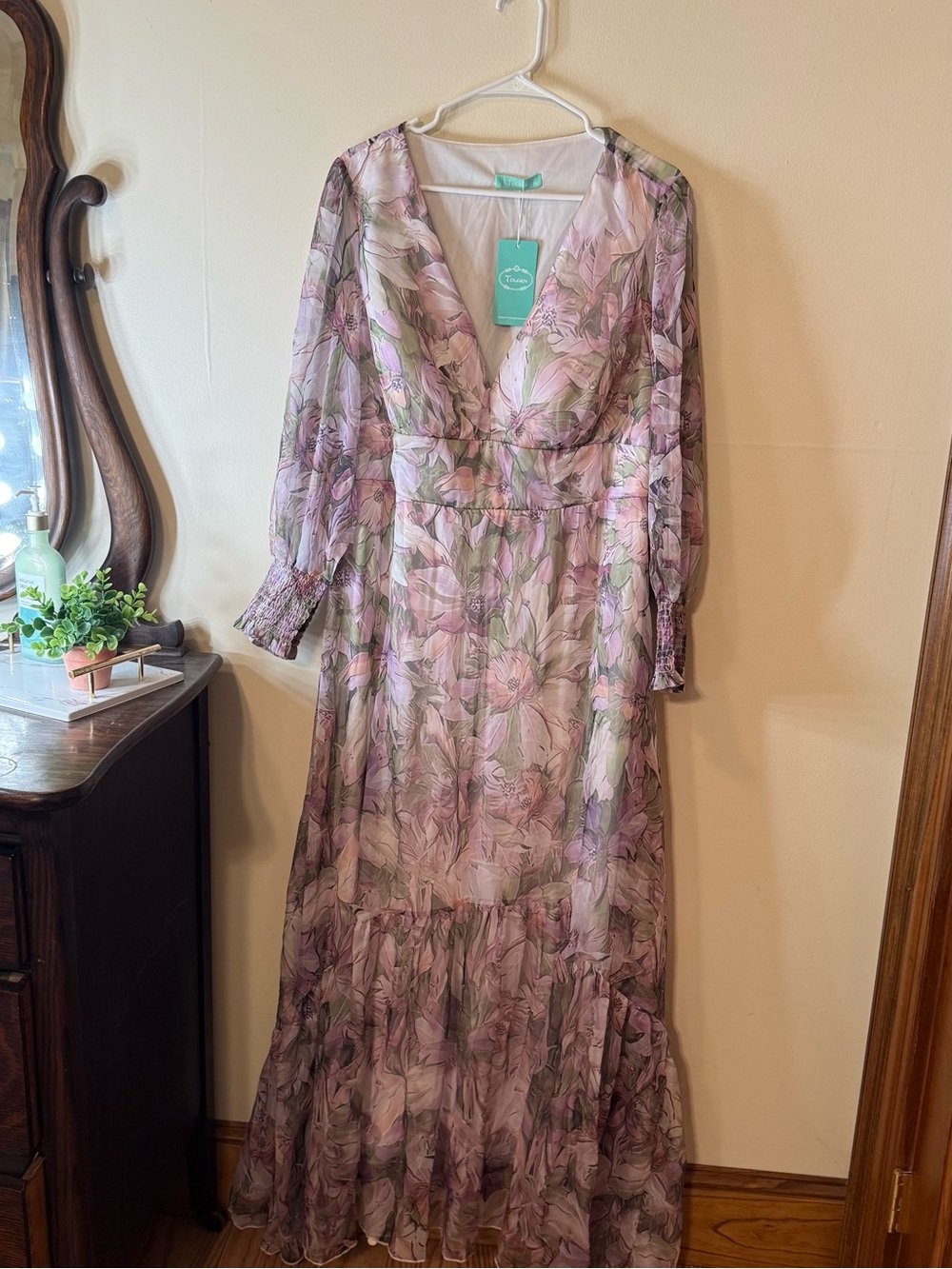 Sheer Floral V-Neck Maxi Dress in Lavender and Pink